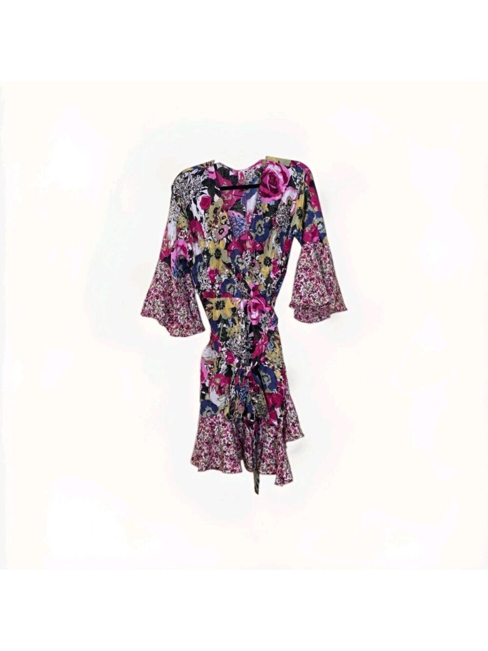 Pinkerton Silk  Wrap Dress L Multi Mixed Floral Bell SS Boho Chic Ruffle Cottage
